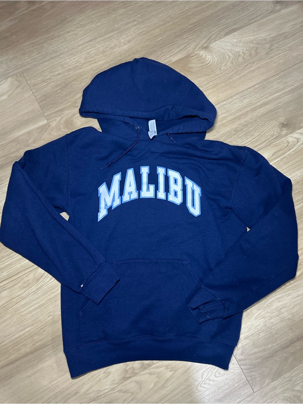 Jerzees Navy Pullover Hoodie with Light Blue MALIBU Applique